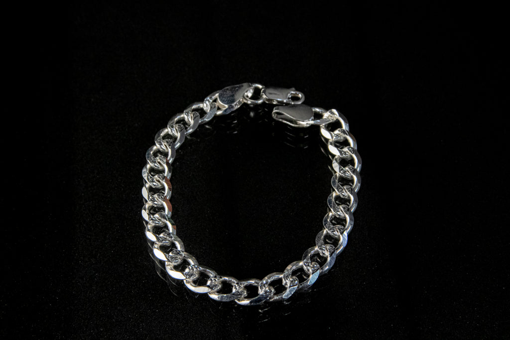 Pulso de Plata Esterlina, eslabón Barbado Diamantado 7.2mm x 18.5cm