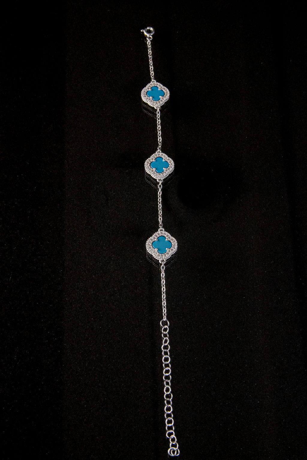 Brazalete De Plata Turca Con 3 Treboles Azul Turquesa Con zirconias 21cm de largo