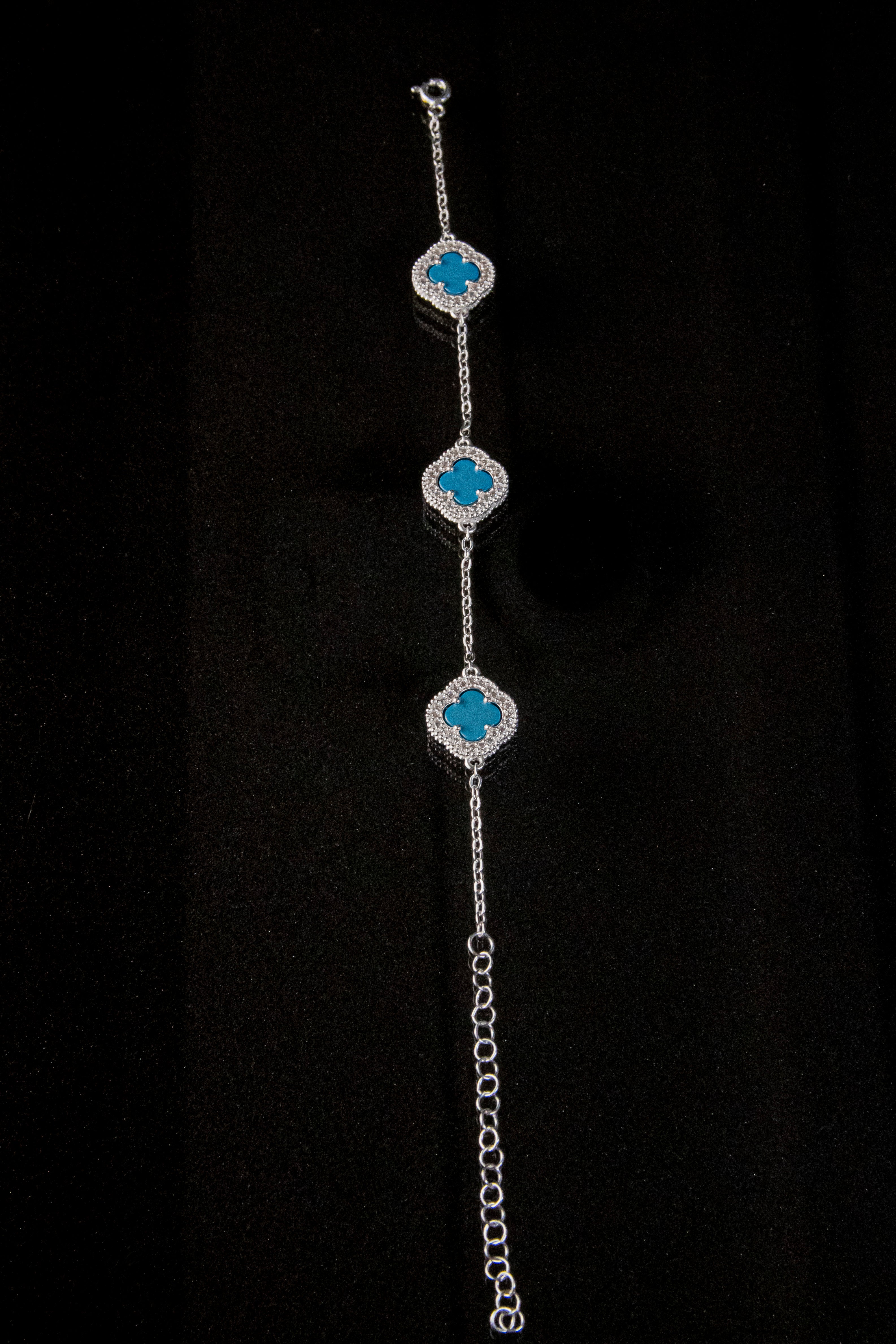 Brazalete De Plata Turca Con 3 Treboles Azul Turquesa Con zirconias 21cm de largo