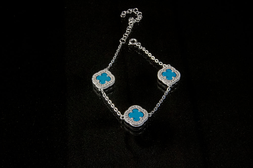 Brazalete De Plata Turca Con 3 Treboles Azul Turquesa Con zirconias 21cm de largo