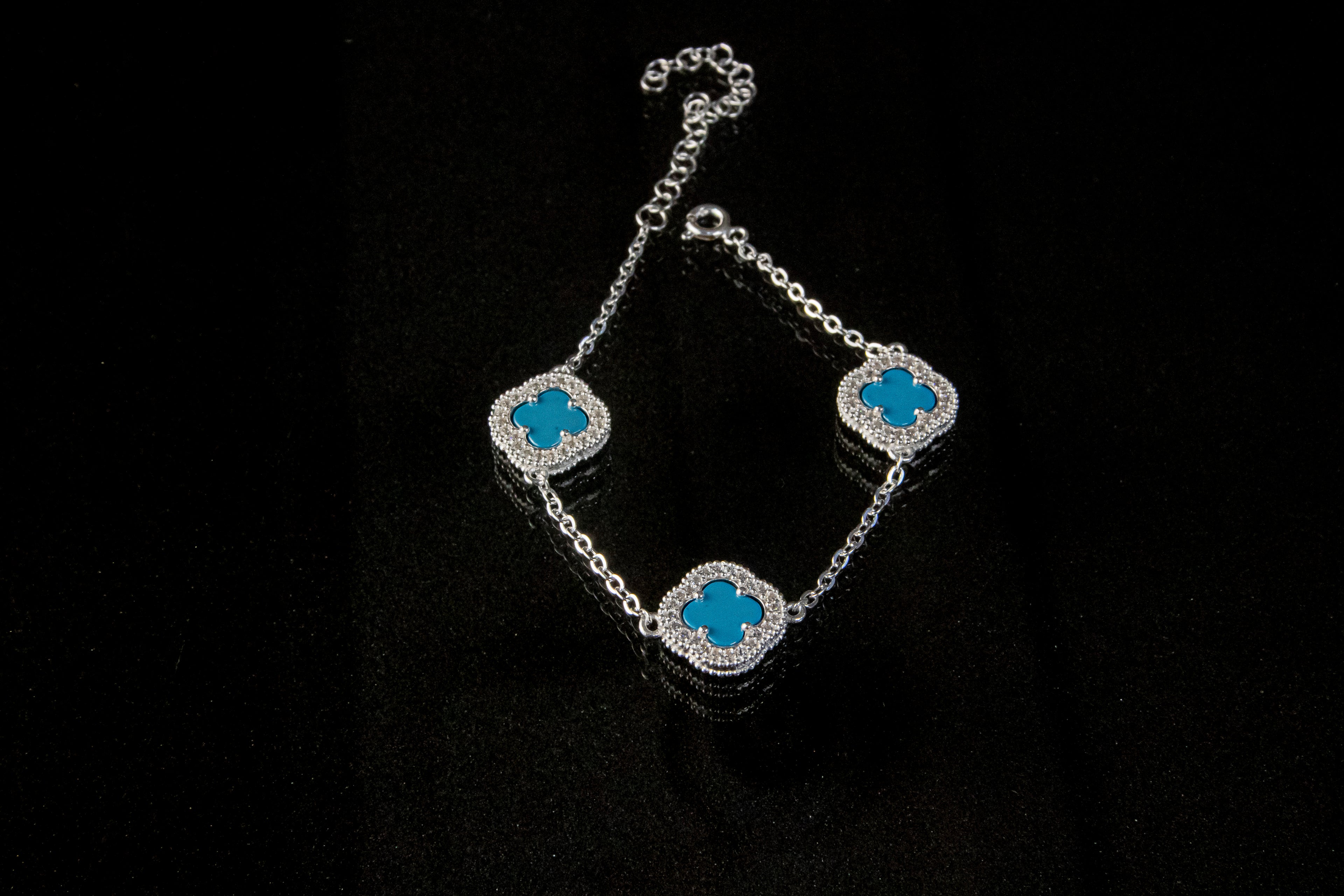 Brazalete De Plata Turca Con 3 Treboles Azul Turquesa Con zirconias 21cm de largo
