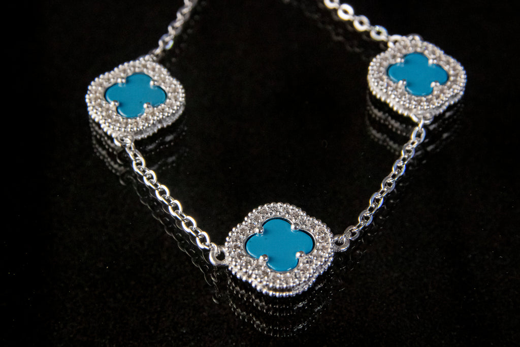 Brazalete De Plata Turca Con 3 Treboles Azul Turquesa Con zirconias 21cm de largo