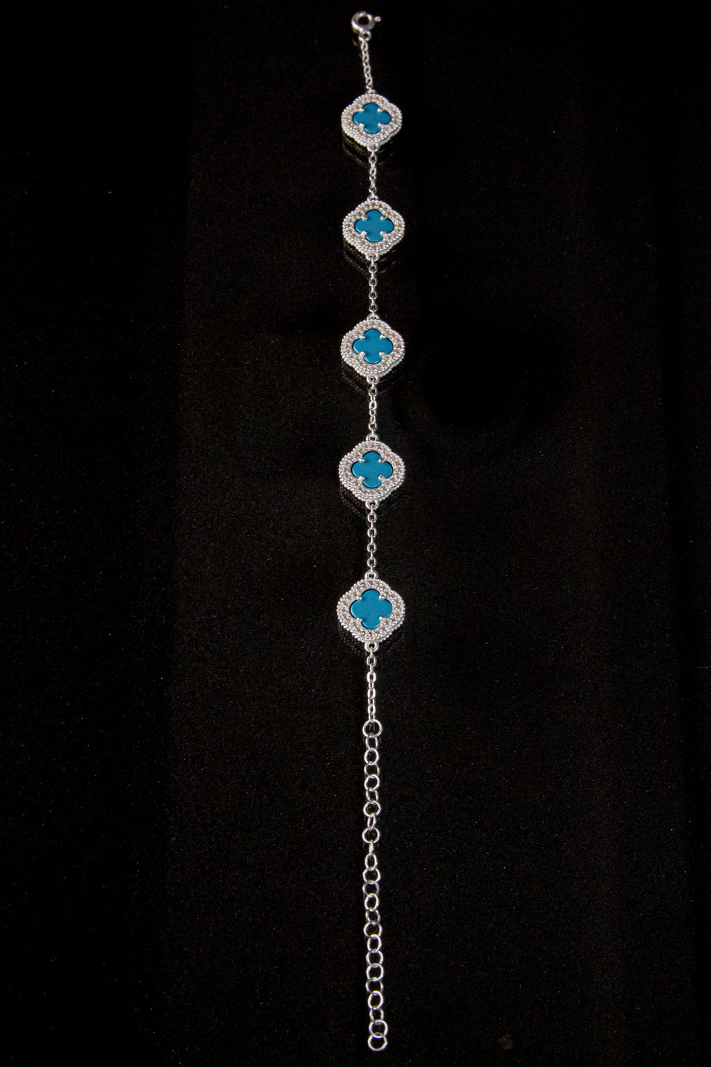 Brazalete de Plata Turca Con 5 Treboles color turquesa brillantes