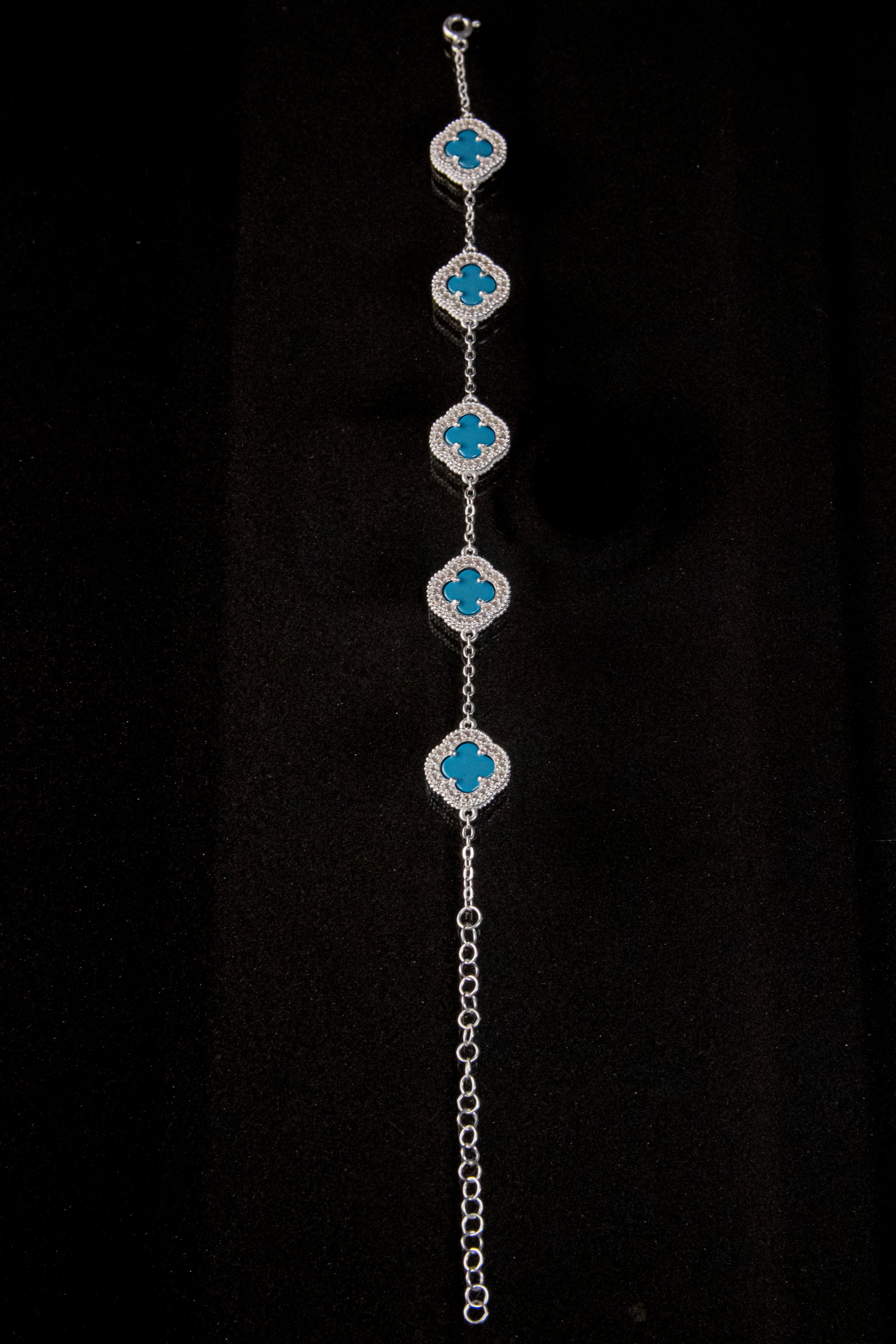 Brazalete de Plata Turca Con 5 Treboles color turquesa brillantes